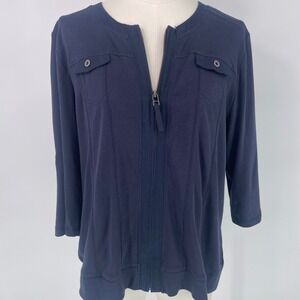 NWT Christopher & Banks Petite Navy Blue Zip Up 3/4 Sleeve Knit‎ Top 100% Cotton